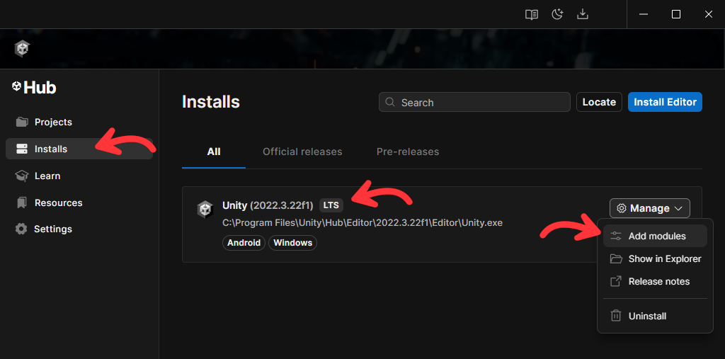 Unity Hub Installs